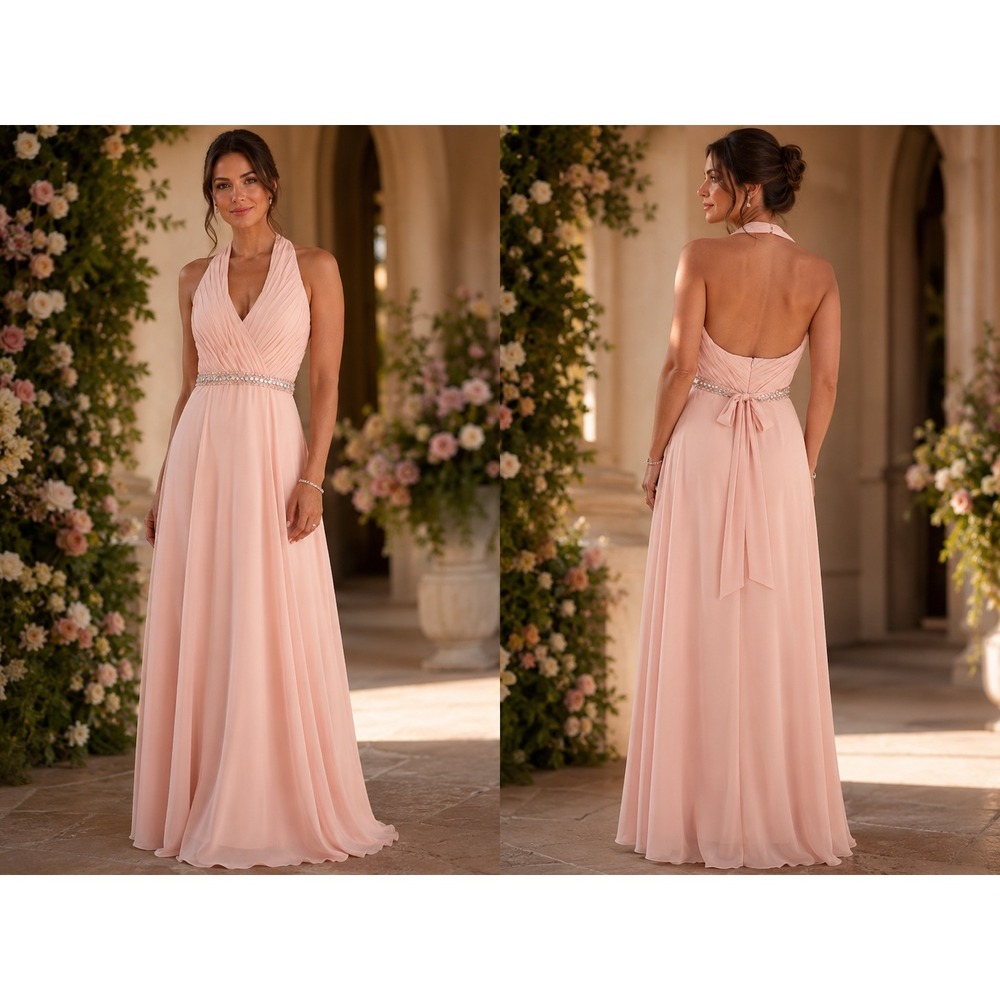 Mori Lee Bridesmaid Gown Womens 16 Blush Pink NEW Rhinestone Halter Maxi‎ 701